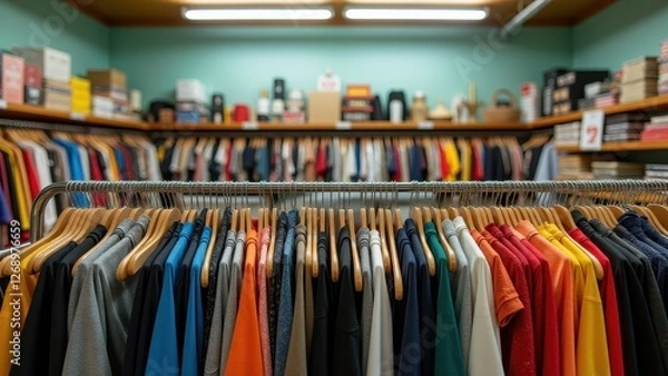 Fototapeta Used clothes rack, Thrift store rack vivid backgrounds with clear patterns photorealistic.