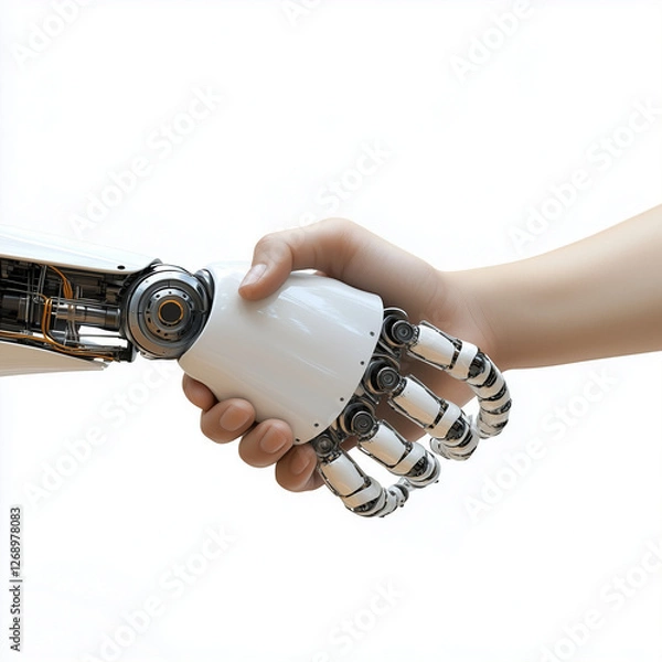 Fototapeta Human and robot handshake, white background, depicting technology and humanity collaboration 
