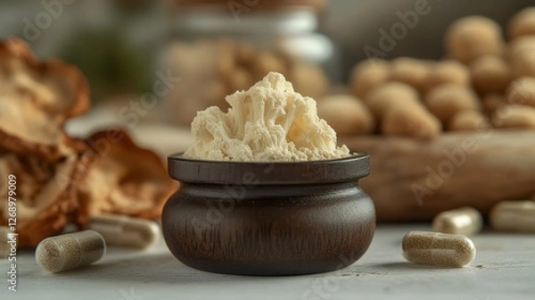 Fototapeta On a wooden countertop, a small dark bowl holds creamy lion s mane powder, surrounded by capsules and dried mushrooms, evoking a sense of natural wellness and tranquility