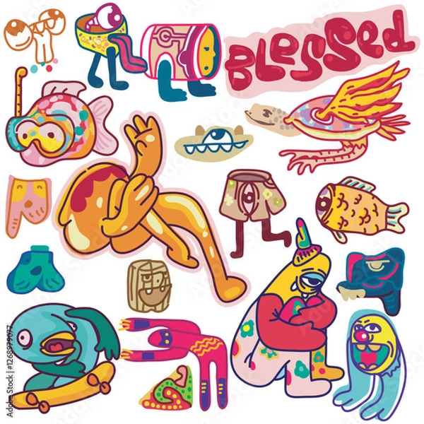 Fototapeta Playful hand drawn doodle characters with quirky expressions.