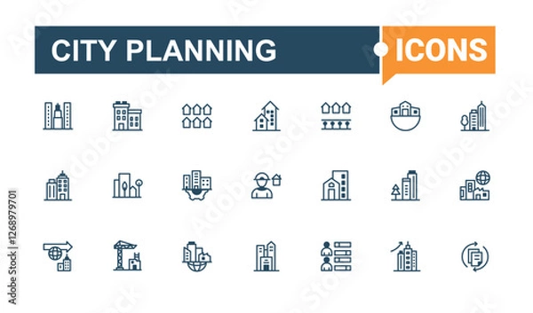 Fototapeta Set of City Planning line icons. Includes thin line courthouse, structure, urban, architecture, development, bank, app, contour and more. Pixel perfect. Vector icons editable stroke.