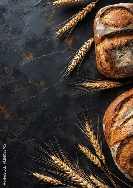Obraz Freshly baked artisanal bread with golden wheat ears on a rustic black stone background