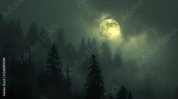 Fototapeta The full moon rises over a dark forest. The trees are silhouetted against the sky, and the only light comes from the moon.