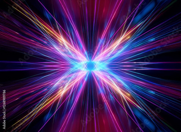 Fototapeta Abstract design with bright, radiating lines of purple, blue, orange, and yellow on black. Light burst and energy create dynamic visual effect.
