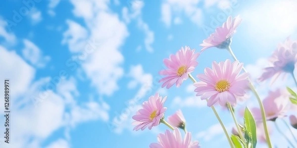 Fototapeta Pink daisies bloom facing sky with clouds background, perfect for springtime use