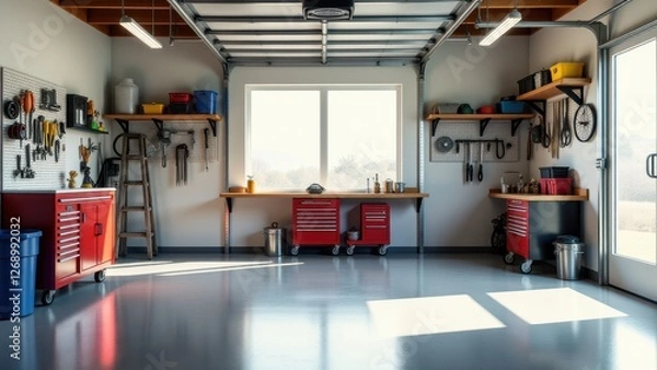 Fototapeta Heated garage, Spacious garage wall storage and clean workbench photorealistic.