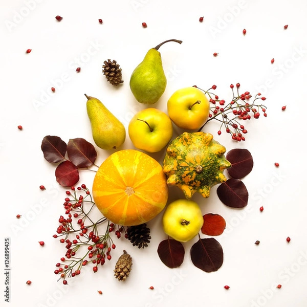 Fototapeta Stylish composition of vegetables, fruits, autumn leaves, berries. Top view on white background. Autumn flat lay