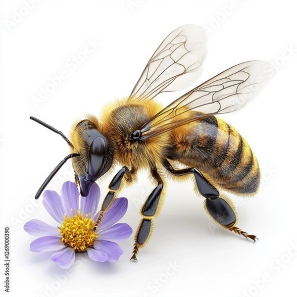 Fototapeta Buzzing honeybee collecting nectar from a bright spring flower, isolated on white
