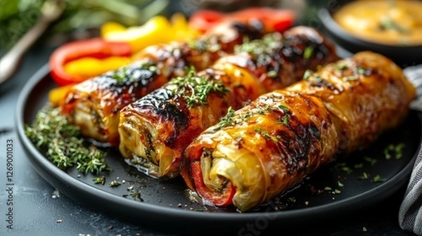 Fototapeta A plate of grilled vegetable rolls garnished with herbs and served with a dipping sauce.