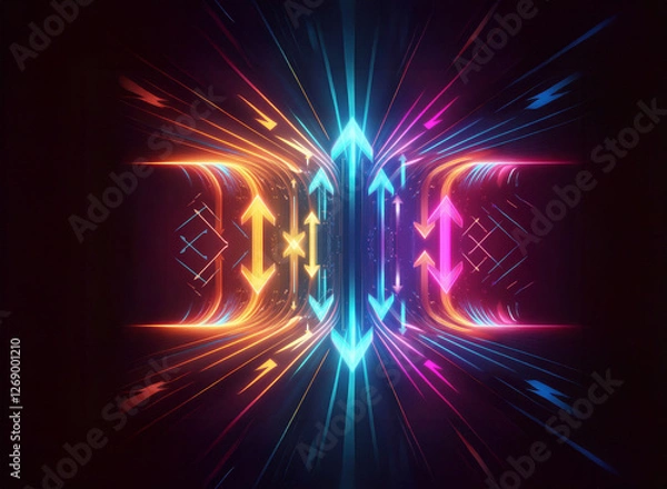 Fototapeta Abstract digital artwork featuring vibrant glowing arrows and lines in blue, orange, and pink hues. Dynamic energy radiates from the center with bright light effects against a dark backdrop.