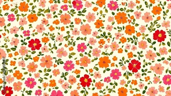 Fototapeta Floral pattern. Pretty flowers on a white background. Printing with small orange red and pink flowers. Ditsy print. Spring Bouquet.