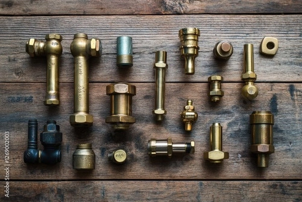 Fototapeta Collection of brass plumbing fittings arranged on wooden surface for home and construction projects. Generative AI
