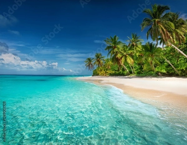 Fototapeta A Pristine tropical beach with turquoise water and palm trees