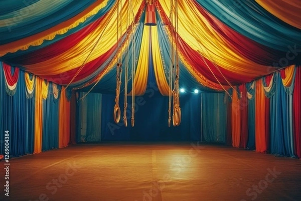 Fototapeta Colorful circus tent featuring an empty trapeze and vibrant drapes for a lively performance. Generative AI