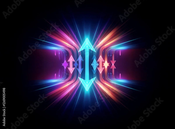 Fototapeta Vibrant neon arrows radiate on a dark background, creating streaks of light. Symmetrical design with dynamic lines evokes energy and motion.