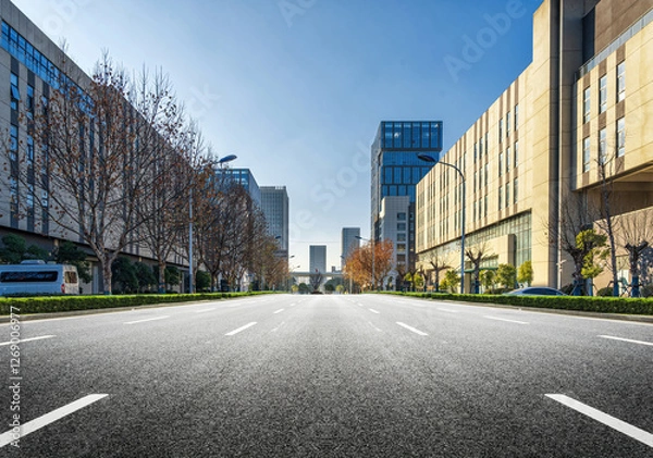 Fototapeta Modern Urban Landscape with Clear Blue Sky and Open Road