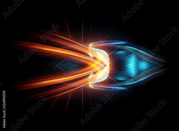 Fototapeta Abstract design featuring dynamic orange and blue light trails converging into a bright, symmetrical center against a dark backdrop, creating a futuristic and energetic visual.
