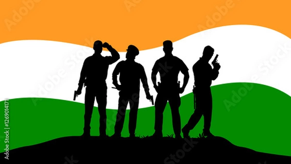 Fototapeta A powerful illustration of the Indian Army in action, set against the backdrop of the Indian flag. Perfect for themes on patriotism, military strength, and national pride.