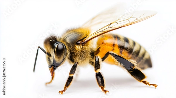 Fototapeta A honey bee, with detailed and clear features, is walking on a centered, isolated cutout on a transparent background under even lighting.