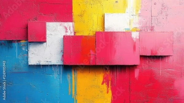Fototapeta Abstract colorful wall art featuring vibrant blocks of paint in pink, blue, yellow, and white