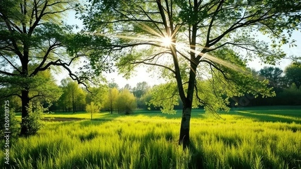 Fototapeta Soft sunbeams filter through the canopy above a solitary birch tree in a lush Dutch meadow, trees, greenery