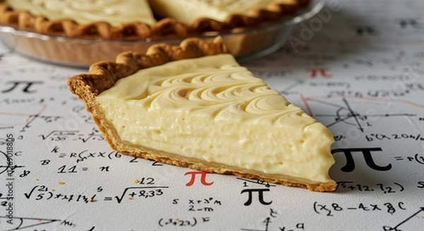 Fototapeta Creamy pie slice on mathematics themed background featuring pi symbols and equations
