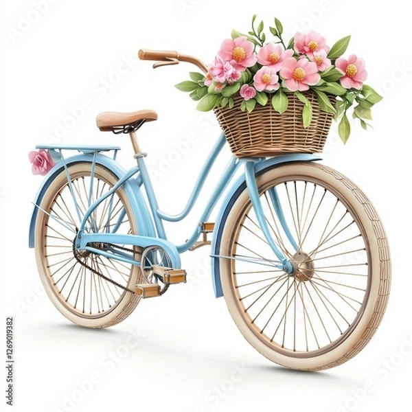 Fototapeta Romantic bicycle with a flower-filled basket, perfect for spring rides, isolated on white