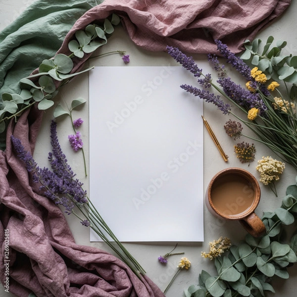 Fototapeta frame made of dried lavender flowers, draperies and coffee cups