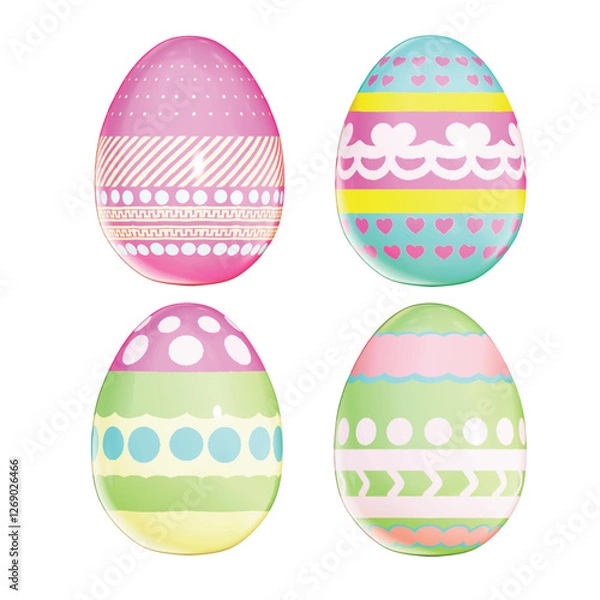 Fototapeta Set of Easter Theme Cute Easter Eggs  Deco on White background , 3D Rendering , Vector Illustration