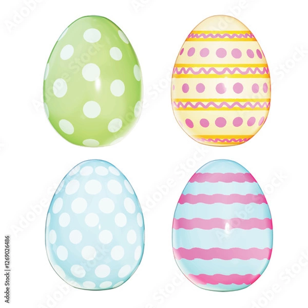 Fototapeta Set of Easter Theme Cute Easter Eggs  Deco on White background , 3D Rendering , Vector Illustration