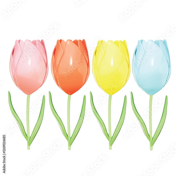 Fototapeta Set of Easter Theme Cute Flowers Deco on White background , 3D Rendering , Vector Illustration