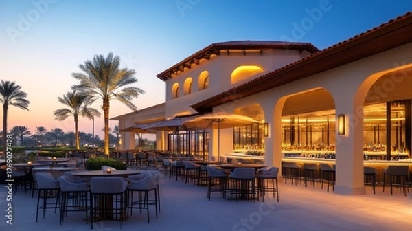 Fototapeta Elegant outdoor dining area at sunset, featuring palm tree and a serene background ambiance