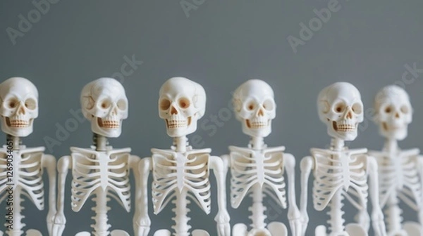 Fototapeta A row of miniature skeleton figures on a neutral background, showcasing human anatomy for educational purposes