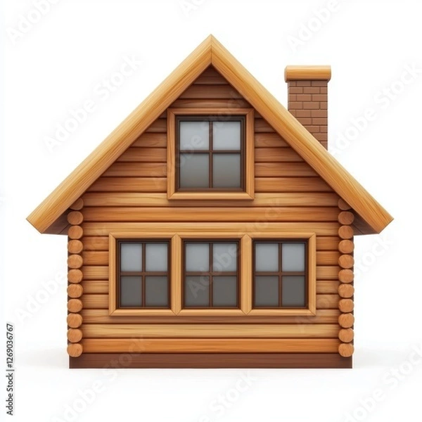 Fototapeta Charming minimalist wooden cabin with large windows, isolated on white