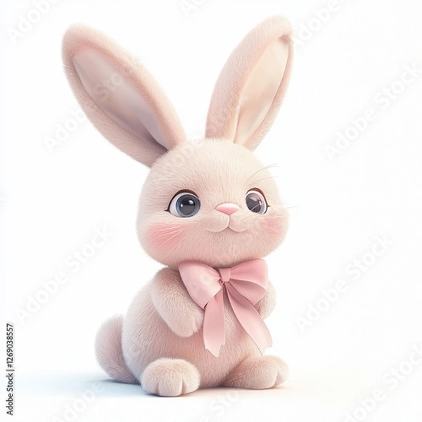Fototapeta Cute plush bunny with long floppy ears and a pastel-colored ribbon, isolated on white