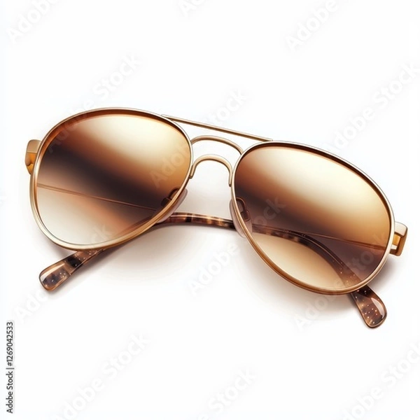 Fototapeta Stylish sunglasses with a gold frame and gradient lenses, isolated on white