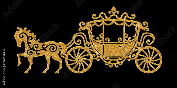Fototapeta Horse carriage golden silhouette. Vector illustration. Art silver glitter icon. Creative concept for web, glow light confetti, bright sequins, sparkle tinsel, abstract bling, shimmer dust.