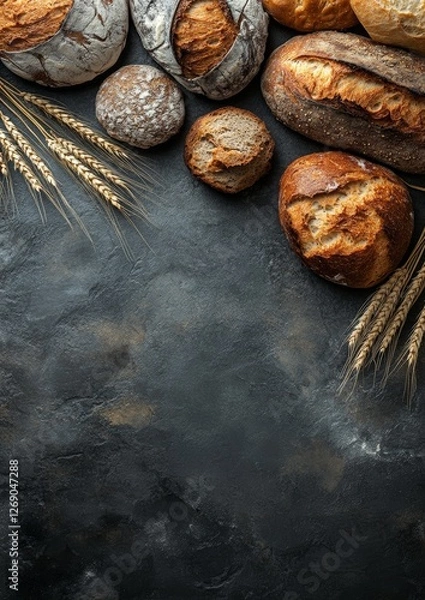 Obraz Varied assortment of breads arranged on a dark surface with wheat stalks for a rustic culinary display