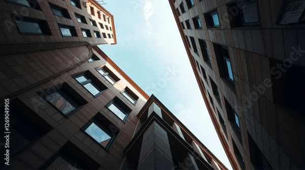 Obraz Precise architectural color photography, low angle perspective, looking up, dramatic, sharp lines, detailed structures, wide angles