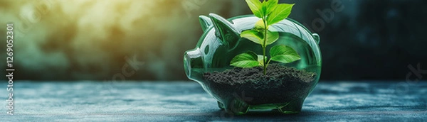 Fototapeta Green, environmentally friendly piggy bank with a growing plant inside, symbolizing savings for sustainable investments