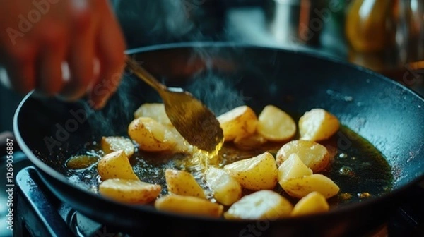 Obraz Chef frying potatoes in a pan.