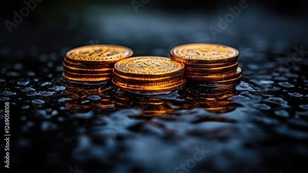 Fototapeta Close-up of shimmering golden coins stacked on a wet surface, reflecting light in a moody atmosphere