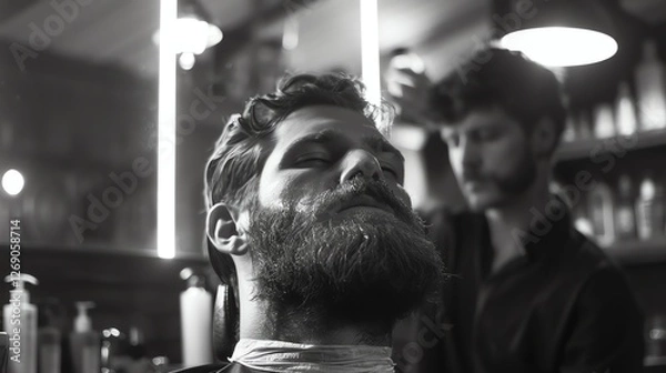 Fototapeta A black and white close up of a man getting his beard trimmed at a barber shop. The man's eyes are closed and he looks relaxed.