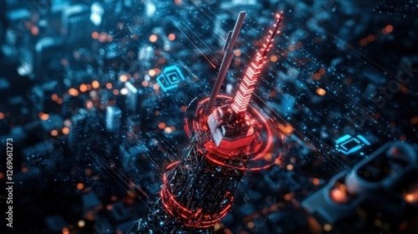 Fototapeta a 5G communication tower emitting powerful signals, surrounded by digital holographic waves, with a smart city and interconnected IoT devices in the background