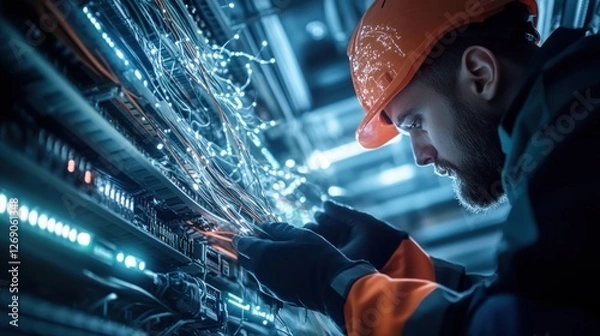Fototapeta a fiber optic network installation crew working on underground cables, with neon-lit data streams representing internet connectivity