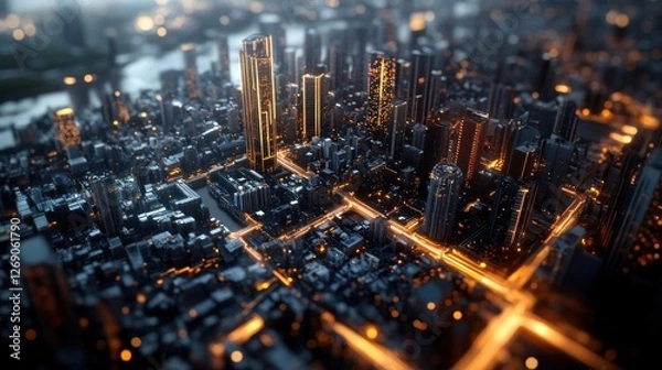 Fototapeta A stunning telecommunications landscape shot in the studio, featuring a dense urban environment covered in glowing 6G network nodes