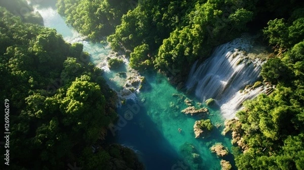 Fototapeta the famous Kuang Si Waterfalls in Laos, with crystal-clear turquoise waters flowing through lush green jungle, creating a breathtaking natural background