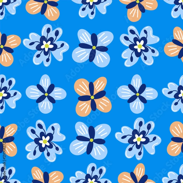 Fototapeta Seamless floral pattern with hand-drawn flowers. Perfect for fabric prints, wallpapers, for fashion and home decor applications. Vector seamles pattern with cute flowers in hand drawn flat style.