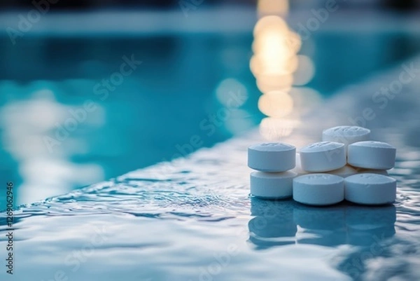 Fototapeta Fresh chlorine tablets stacked near a swimming pool under soft evening light. Generative AI