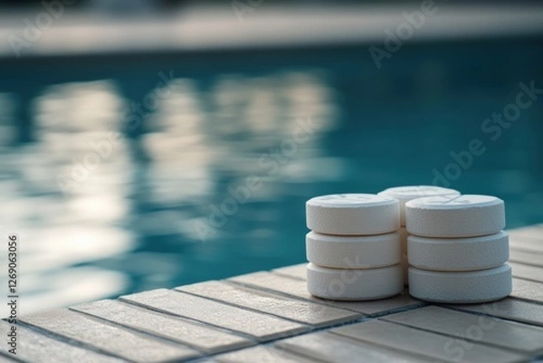 Fototapeta Close up of fresh chlorine tablets stacked near a serene swimming pool during daylight. Generative AI